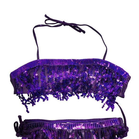 Purple Womens Sequin Fringe Bikini Set Swimsuit Tie Closures Halter Neck Size S - Picture 4 of 5